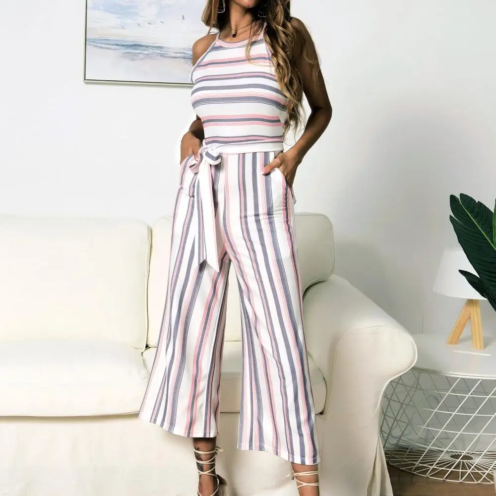 Женский комбинезон в полоску синего цвета с открытыми плечами combinaison pantalon femme