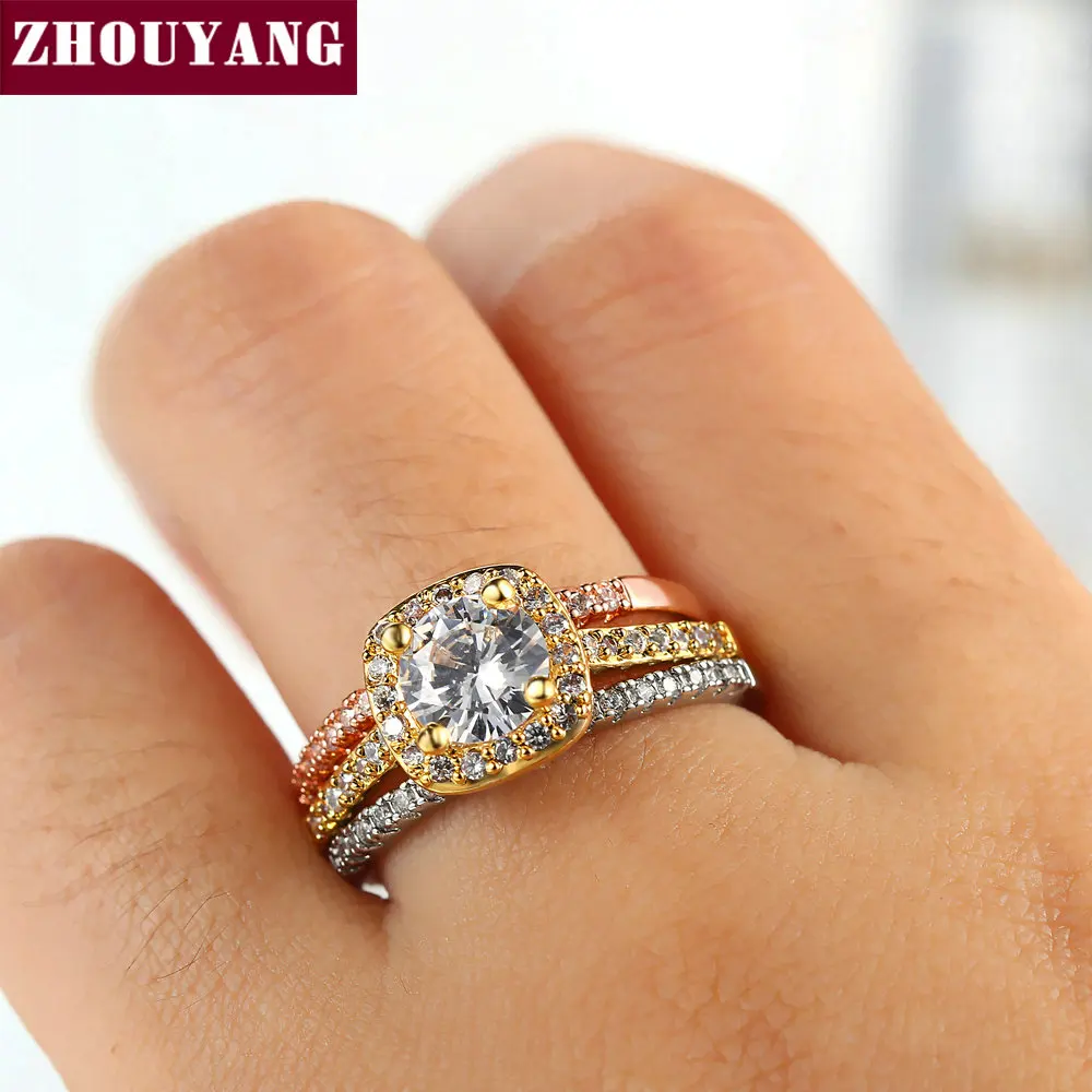 ZHOUYANG Engagem Wedding Ring Sets For Women Classic Round Cut AAA+ CZ Yellow Color Fashion Jewelry Chirstmas Gift SR559