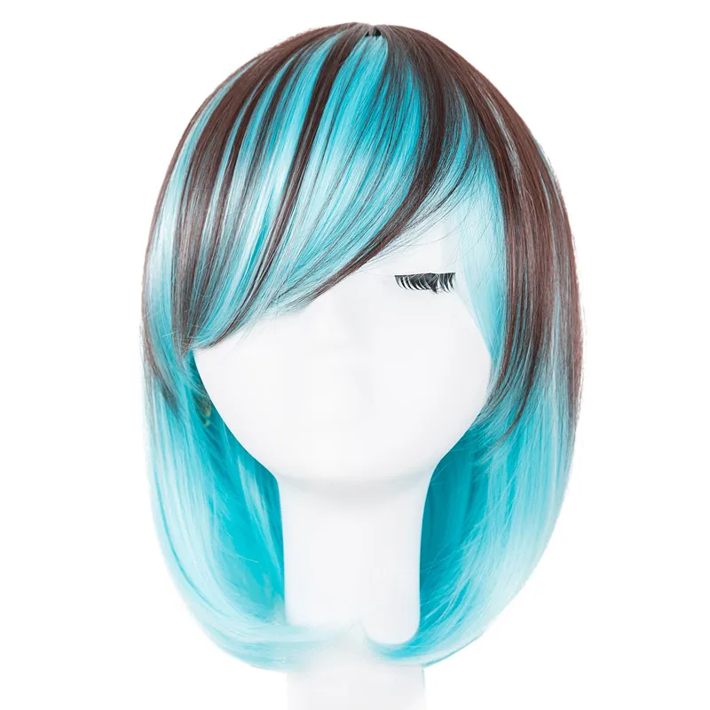 Короткий парик Fei-Show синтетические термостойкие волокна волнистые наклонные челки волосы коричневый и синий костюм Cos-play салон вечерние парики - Цвет: Многоцветный