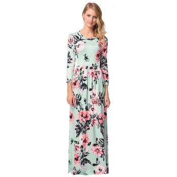 

European Style 2018 Spring and Summer New Women's Wear Quarter Sleeve Printing European and American Sexy Long Dresses