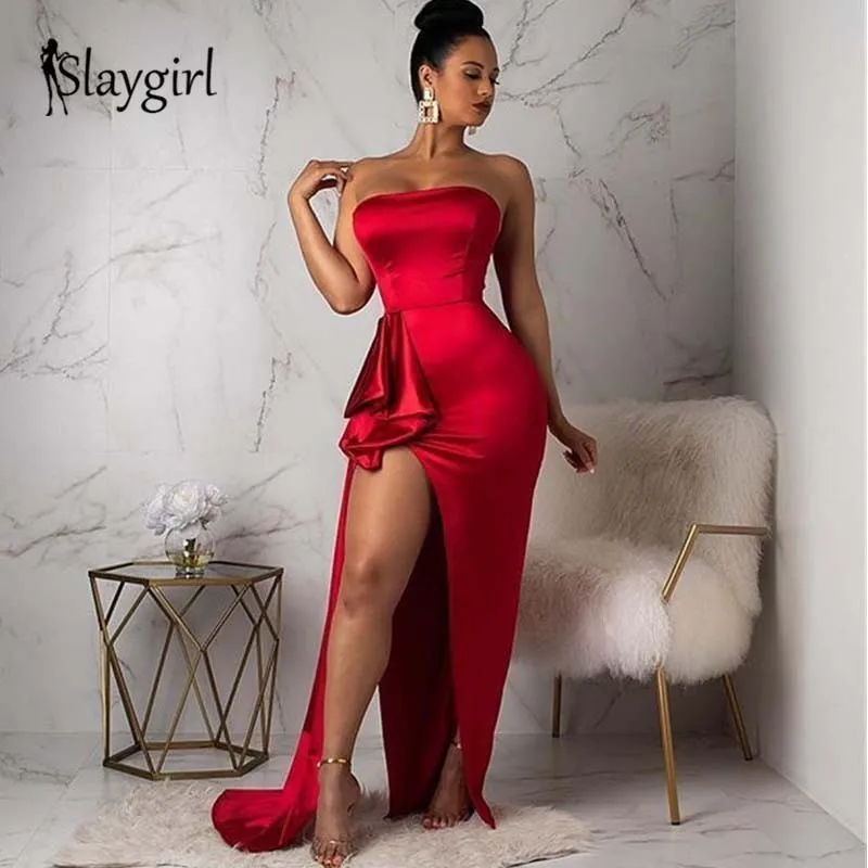 

Slaygirl 2019 Red Maxi Long Dress Women Sexy Backless Lace Up Party Dress Elegant Split Satin Summer Dress Female Vestidos