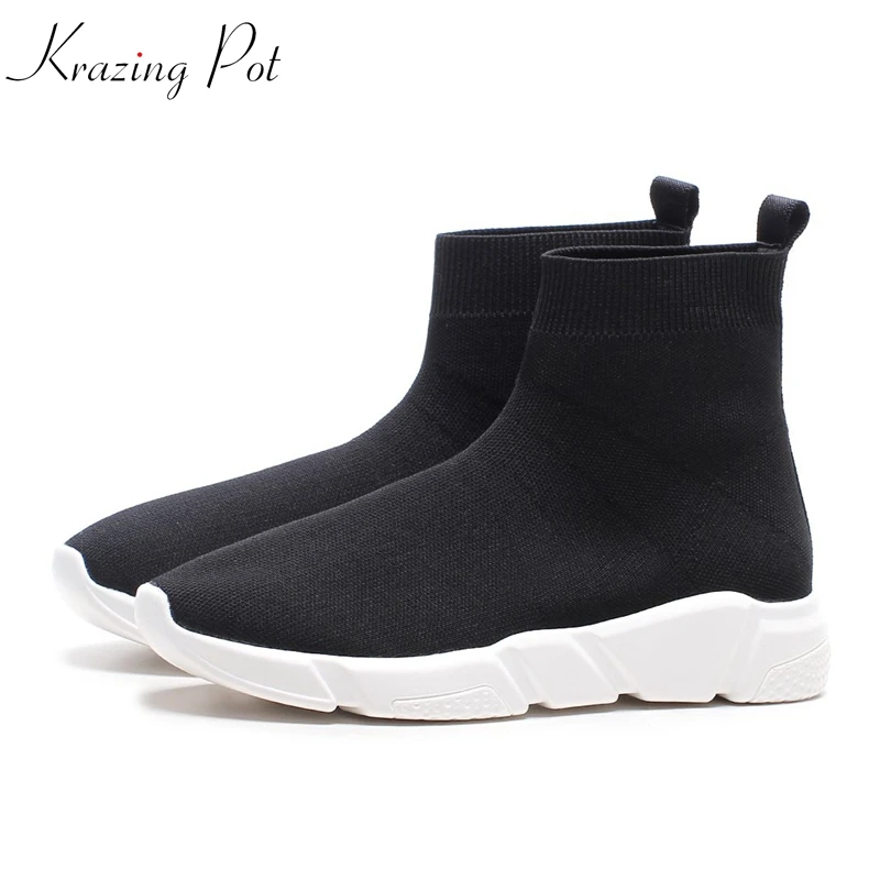 

Krazing Pot knitting slip on fashion runway lady superstar sock boots wedges Autumn Winter lazy style leisure ankle boots L73