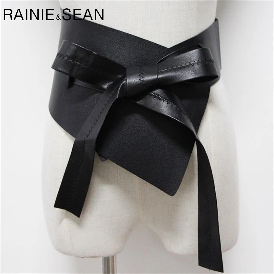 

RAINIE SEAN Wide Belts For Women Cummerbund Pu Leather Black Wide Belt Female Irregular Bow Tie Fashion Accessories Belt
