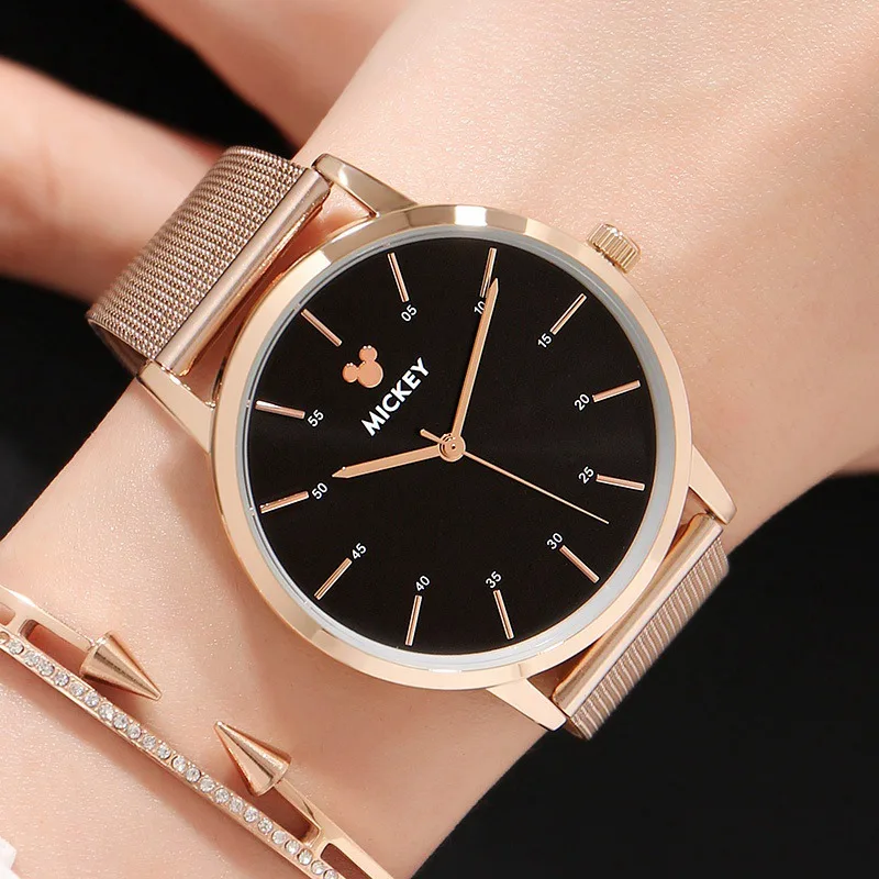 Original Disney Rose Gold Stainless Steel White Black Fashion Simple Women Quartz Watch Ladies Mickey Mouse High Quality Time Original Disney Rose Gold Stainless Steel White Black Fashion Simple Women Quartz Watch Ladies Mickey Mouse High Quality Time