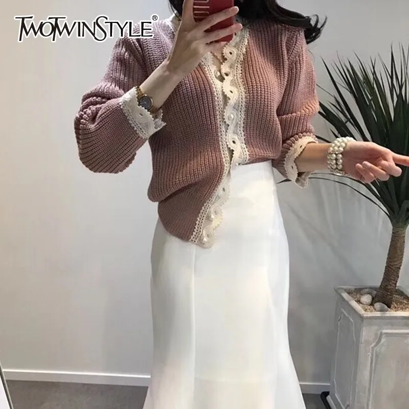 

TWOTWINSTYLE Knitting Lady's Sweater Long Sleeve Patchwork Lace Cardigans For Women Korean Fashion Women's Autumn Clothing 2019