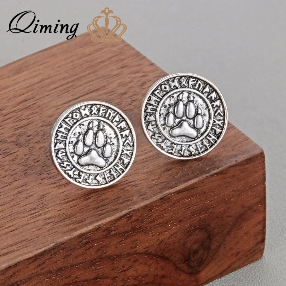 

QIMING Antique Cat Dog Paw Earrings Women Ladies Round Slavic Viking Runes Cute Nordic Amulet Birthday Gift Men Stud Earring