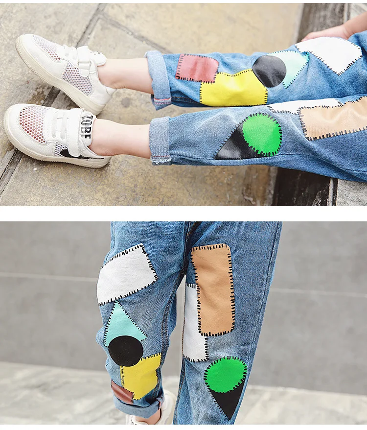 2 Baby Boys Jeans Kid Painted Pants Girls Denim Trousers Geometrical Color Block Patchwork Cotton Elastic Waist Baby Clothing