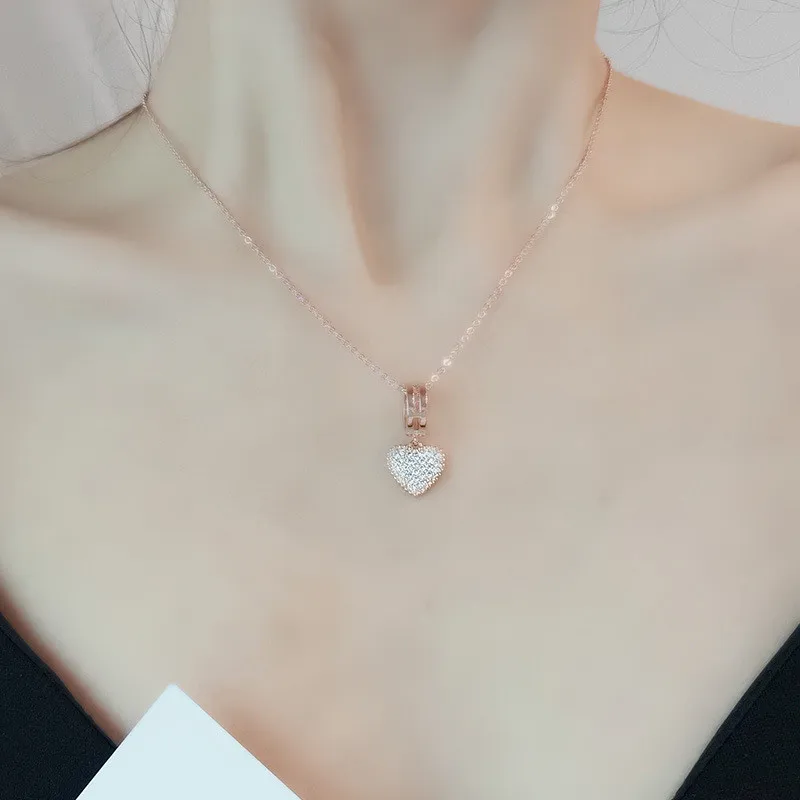 

New White Gold Heart-shaped Pendants Necklace For Women Pave Cubic Zirconia Stones Dangles Necklaces Choker Female Wedding Gifts