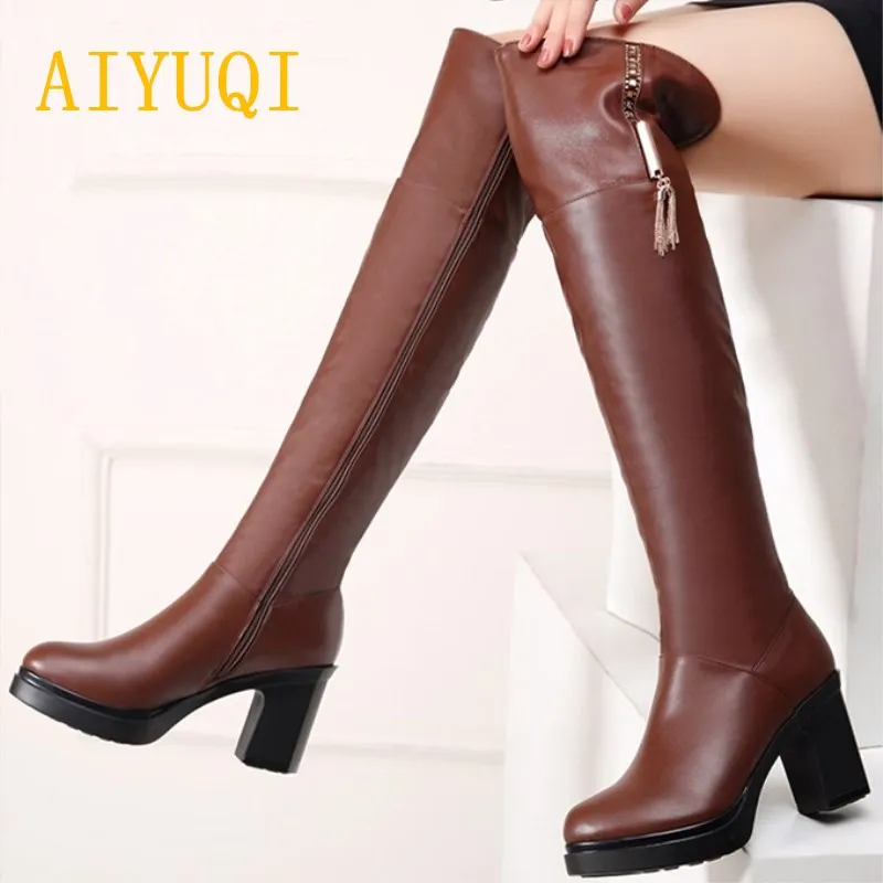 

AIYUQI 2019 winter new genuine leather women's knee boots warm plus cashmere motorcycle boots high-heeled fashion women's boots