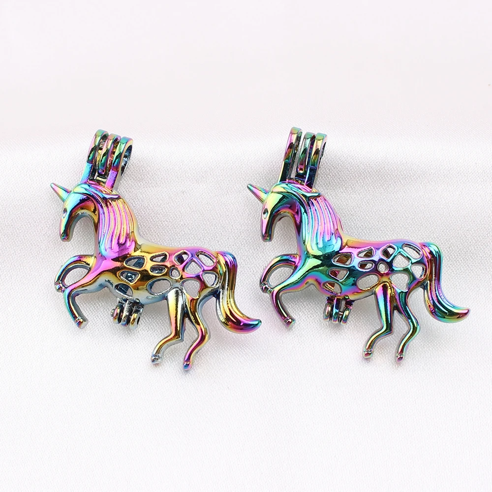

5pcs/lot Rainbow Color Animal Horse Pearl Cage Pendant for Aroma Perfume Lockets Essential Oil Diffuser Necklace Making