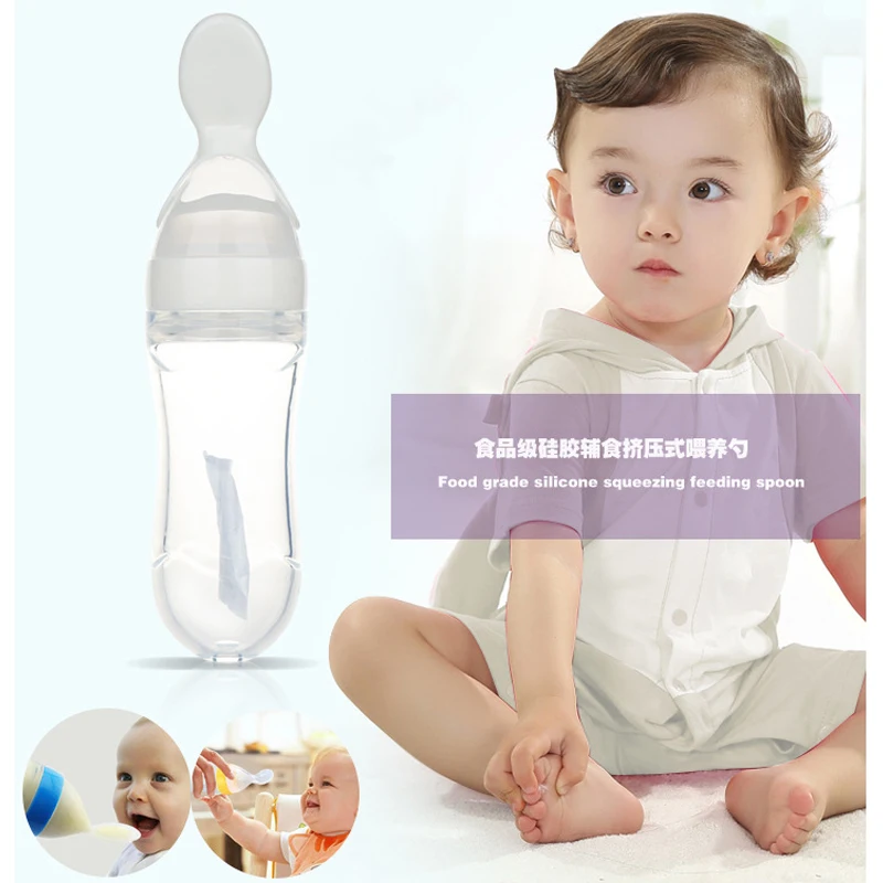 

Solid Feeding Utensils 90ml Baby Feed Silicone Spoon Rice Cereal Eat-bottle Weaning Food Utensils Spoon Bottle Feeder