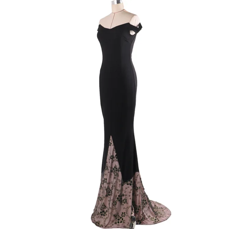 Noir Encolure Vintage Noir Robes Fleur Longueur Patchwork Parti Dentelle Broderie Robe parole Laipelar Sirène Maxi dYx0wdq