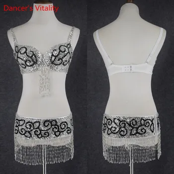 

New Women Sexy Belly Dance Top Bra & Beaded Belt 2 Pcs Belly Dance Costume Outfit Set Bra & Belt Female India Dance Clothes