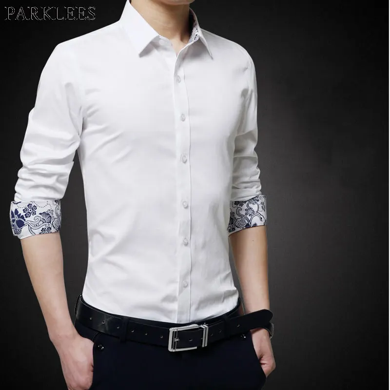 Brand White Mens Office Wear Shirts 2018 Autumn New Slim Fit Long Sleeve Patchwork Floral Male Shirt 100 Cotton Shirts For Men