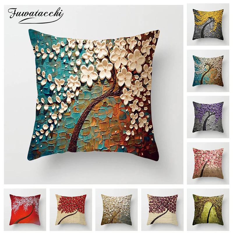 

Fuwatacchi Vintage Flower Cushion Cover Pillow Case Mural Red Yellow Tree Wintersweet Cherry Blossom Home Decorative Cover