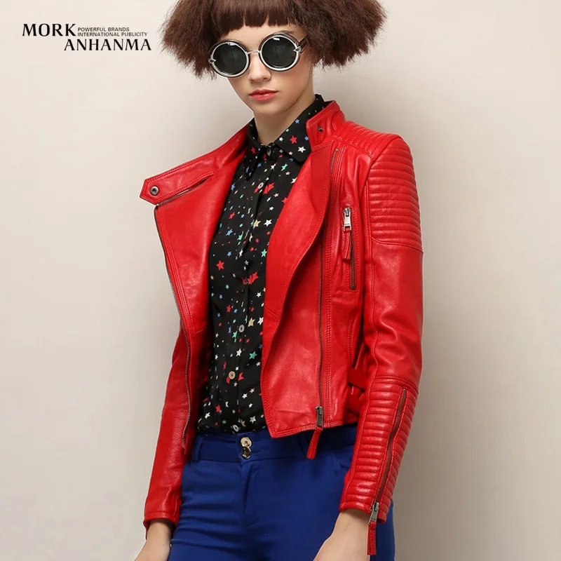 

2016 Women's slim fit motorcycle leather jacket fashion leather biker jacket lady red black sheepskin leather coat for women
