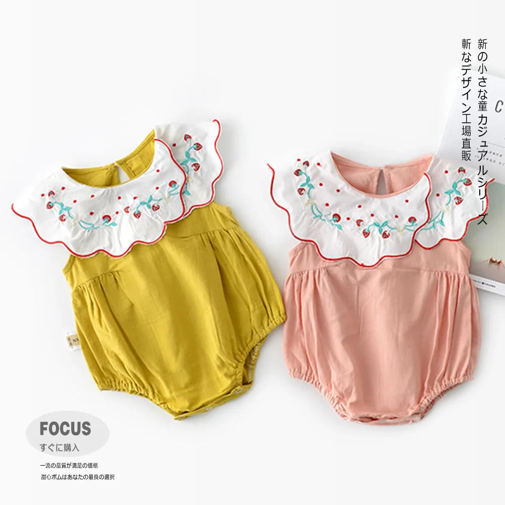 

Fashion new style high quality cotton embroidery floral big collar boutique baby girl romper