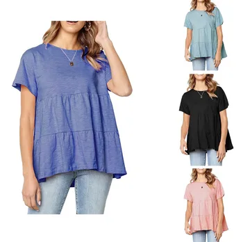

Summer Women Loose Style Ruffled T-shirt Round Neck Top Short Sleeves
