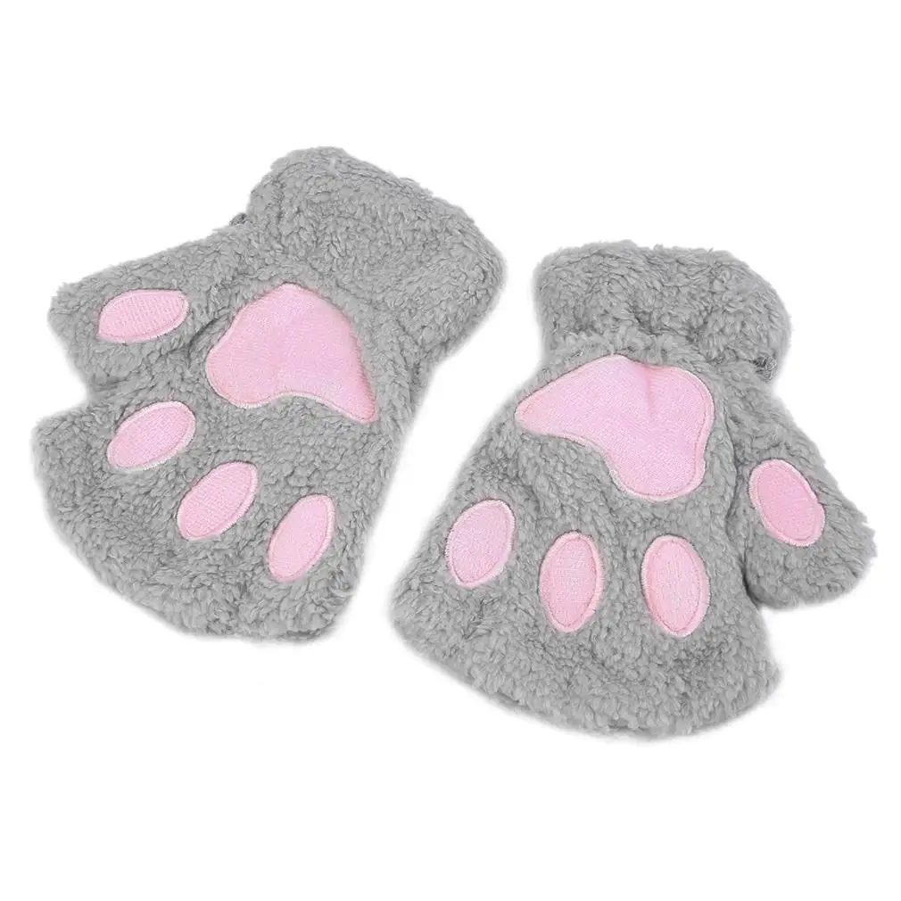 Теплые плюшевые перчатки без пальцев пушистые когти медведя/кошки лапы животных мягкие теплые милые женские перчатки с полупальцами и 7 - Цвет: Gray