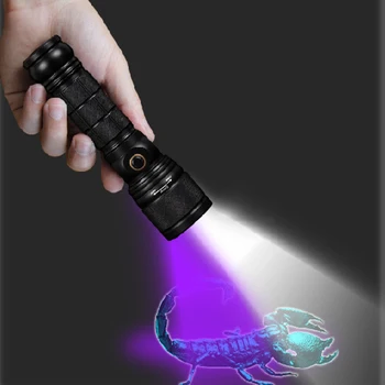 

CREE LED Flashlight Zoom Dual UV LED Lights Rechargeable LED Torch Lanterna Scorpion Hunt Black Light 395NM Pet Urine Detector