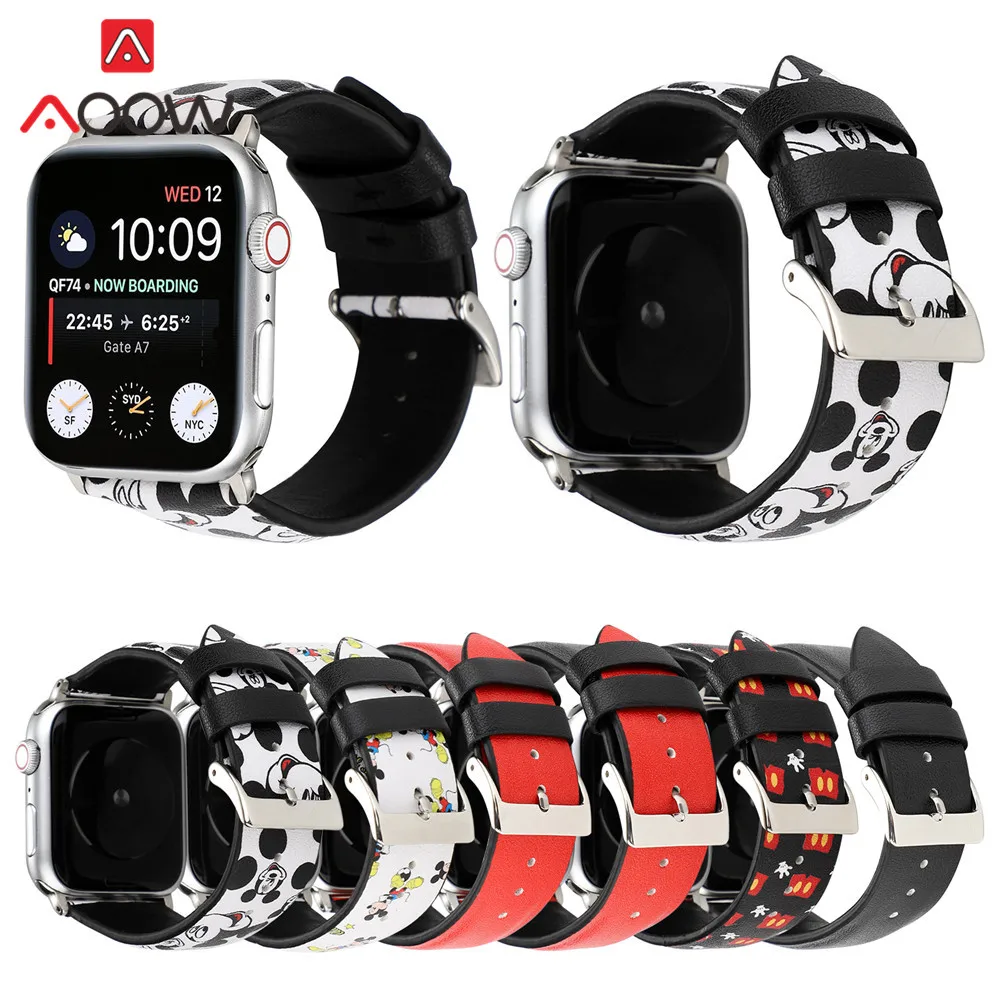

Cartoon Leather Watchband for Apple Watch 38mm 42mm 40mm 44mm Mickey Replacement Bracelet Strap Band for iwatch 1 2 3 4
