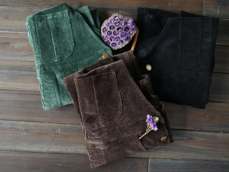 Cheap Cotton Corduroy Jumpsuit Women Loose Casual Fashion Bodysuit Autumn Vintage Strap Women Rompers Solid Black Green Brown A217