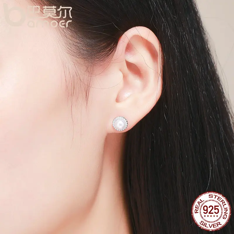 BAMOER 925 Sterling Silver Classic Round Sparkling CZ Fresh Water Pearl Stud Earrings for Women Sterling Silver Jewelry SCE122