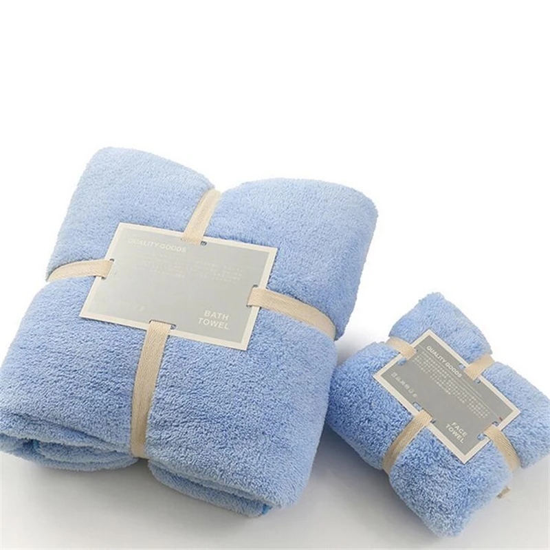 Light Blue Сплошной цвет мягкий коралловый флис 140*70 см банные полотенца и 35*75 см набор полотенец абсорбент из двух частей сверхтонкого волокна теплое одеяло милый - Цвет: Light Blue