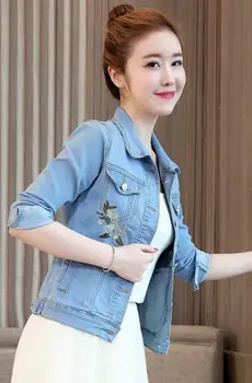 

Spring and autumn new women's short paragraph long-sleeved embroidery stretch denim jacket jacket female