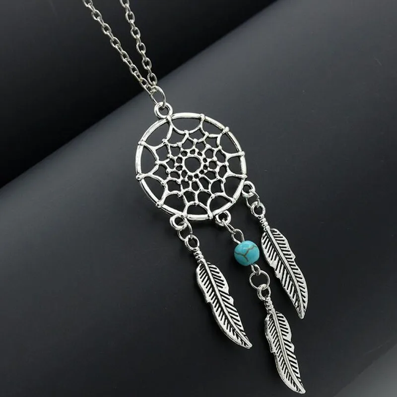 N720 Dream Catcher Pendant Necklace Feather Turquiose Bead Women
