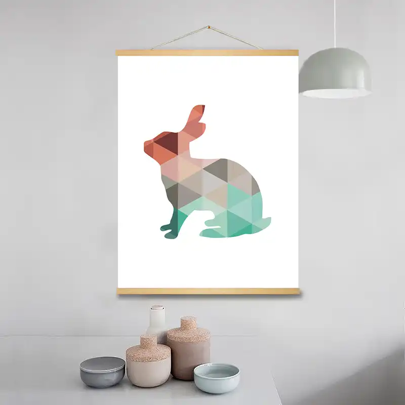 Mint And Coral Geometric Triangles Rabbit Bunny Canvas Painting