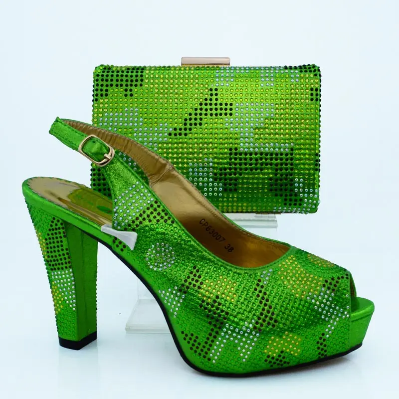High Quality Italian Matching green Shoe And Bag Set With Rhinestone