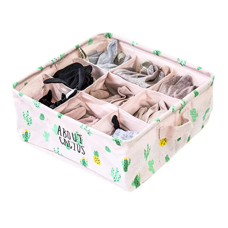 9 Grids Cactus Print Storage Box Cotton Linen Clothing Storage Sundries basket Home Organizer