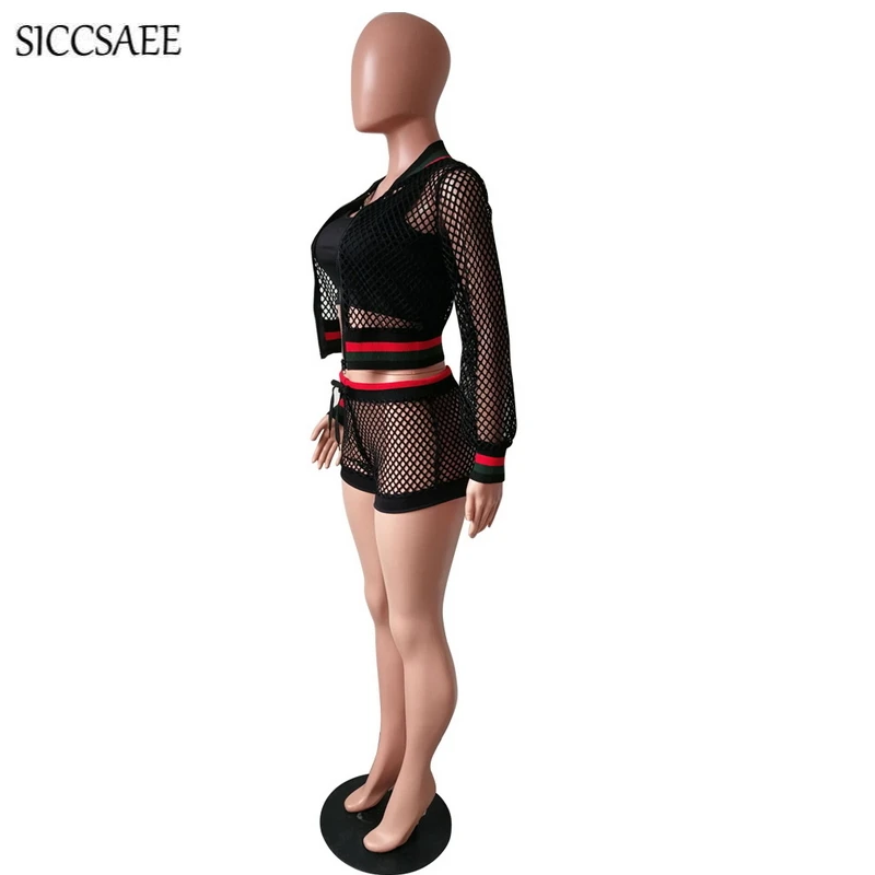 2018 Fall Black 3 Piece Set Mesh Crochet Sheer Short Sets For Women Tank Top Outfits Striped Printed Bike Shorts Sexy Club Wear 2018 Fall Black 3 Piece Set Mesh Crochet Sheer Short Sets For Women Tank Top Outfits Striped Printed Bike Shorts Sexy Club Wear