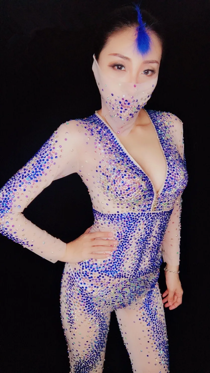 Plein Rhinestones Discothèque Strass Rose Barboteuses Tenue Haute Sexy Danse Salopette white Rhinestones Dj Costume Femmes Rhinestones pink Hôte fin Scène Bleu Chanteur Perspective Blue De q0CCYBw