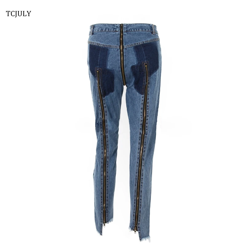 TCJULY Fashion Jeans With Zipper Back Bottom Irregular Design Slim Streetwear Blue Jeans Cotton Stretch Jeans Cowboy Pants Woman