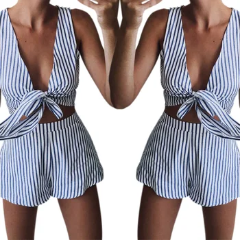 

Fashion Sexy Women Striped V Neck Crop Tank Top+Elastic High Waist Shorts Set Summer Beach Sets HSJ88