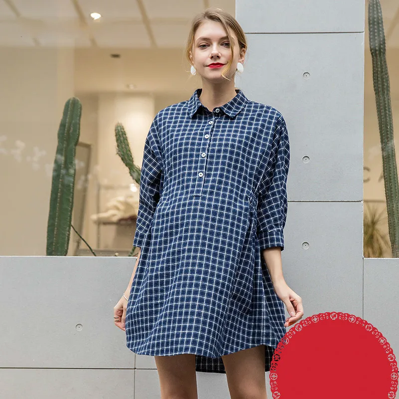 

Plaid Style Maternity Dresses Short Sleeve High Split Front Maternity Nursing Dress Mini Cotton Pregnancy Dress