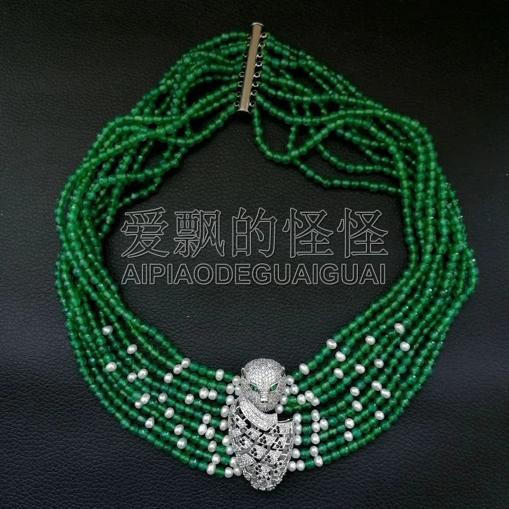 N122705 1" 9 нитей зеленое белое жемчужное ожерелье CZ Pave разъем