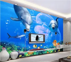 3d обои на заказ Фото Фреска дельфины и белых акул изображение Декор номеров, Живопись 3D настенная обои для стен 3 D
