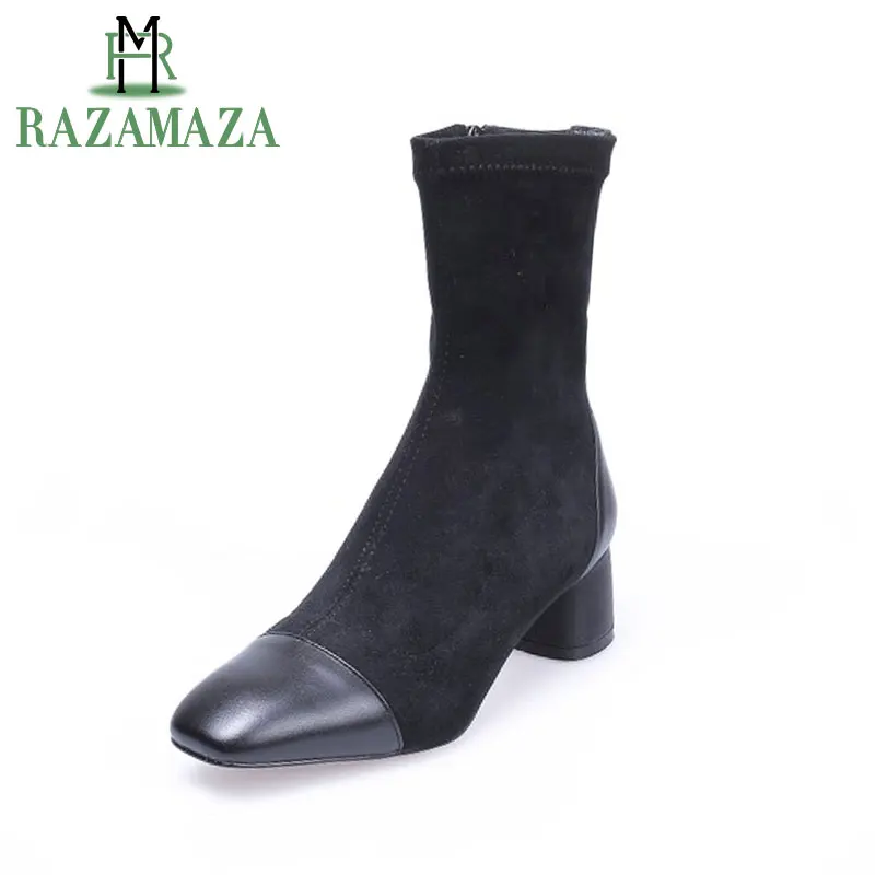 

RAZAMAZA Ladies Mid Calf Boots Real Leather Winter Shoes Woman Zipper Patchwork Short Boots Fashion Fur Footwear Size 34-39