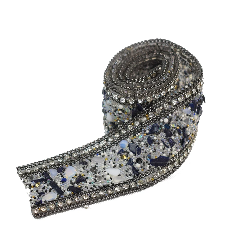 

3.5cm 19inch Hotfix Rhinestone Appliques Ribbon Trim Wedding Dress Belt Gray strass a coudre steentjes gemstone beads Chain