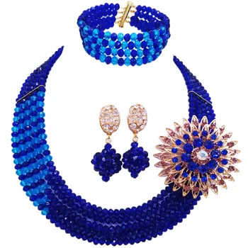 

Royal Blue Lake Blue Nigerian Wedding African Beads Jewelry Set Crystal Beaded Necklace Sets Bridal Jewelry Sets 5RJZ16