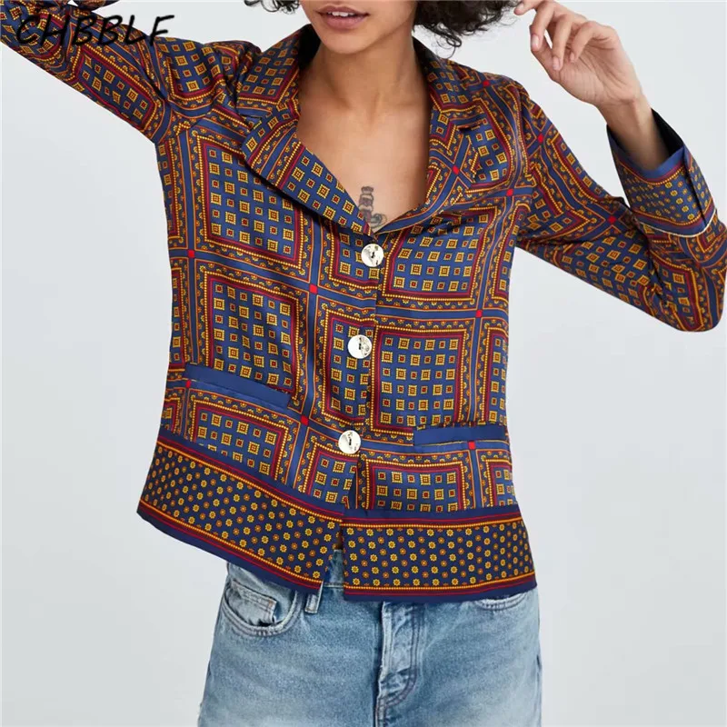 

CHBBLF women vintage geometric pattern blouses pockets decorate long sleeve shirts casual tops blusas BGB8449
