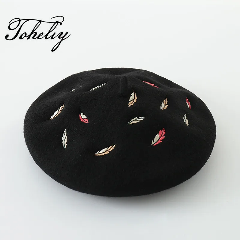 

New style spring 100% Colored leaves embroidery Warm Wool Winter Women Beret Hat For Sweet Girl Autumn and winter hats
