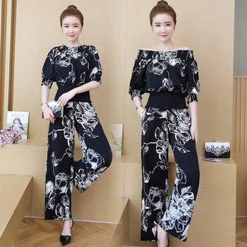

2019 Korean Elegant Fashion Two Piece Set Floral Clothing Wide Leg Pants Casual Chiffon Womens 2 Piece Sets Printing Plus Size