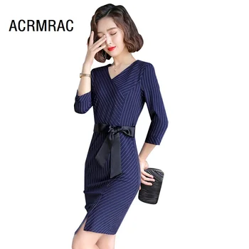 

Women dress Slim summer stripe Half sleeve V-Neck Business Formal OL dress Woman 991