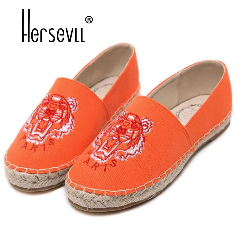 

Fashion women's Loafers Slip on Flat Heel Hemp Sole woman Espadrilles tiger head Print Fisherman Canvas Women's Shoes