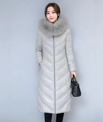 gray Haute couture осень зима дамы меховой воротник пальто тонкий кожаный вниз хлопчатобумажная одежда большой размер меховое пальто с капюшоном 5xL - Цвет: gray