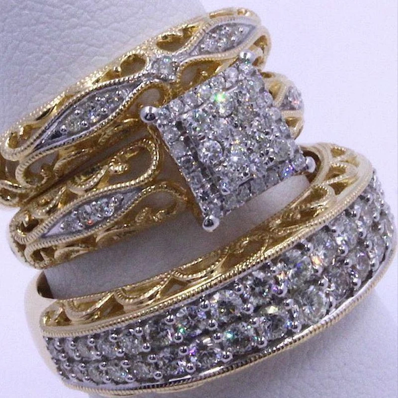 

ZORCVENS 2019 New 3 pcs/set White Cubic Zircon Round Ring Set Hollow Gold Silver Color Engagement Ring for Woman